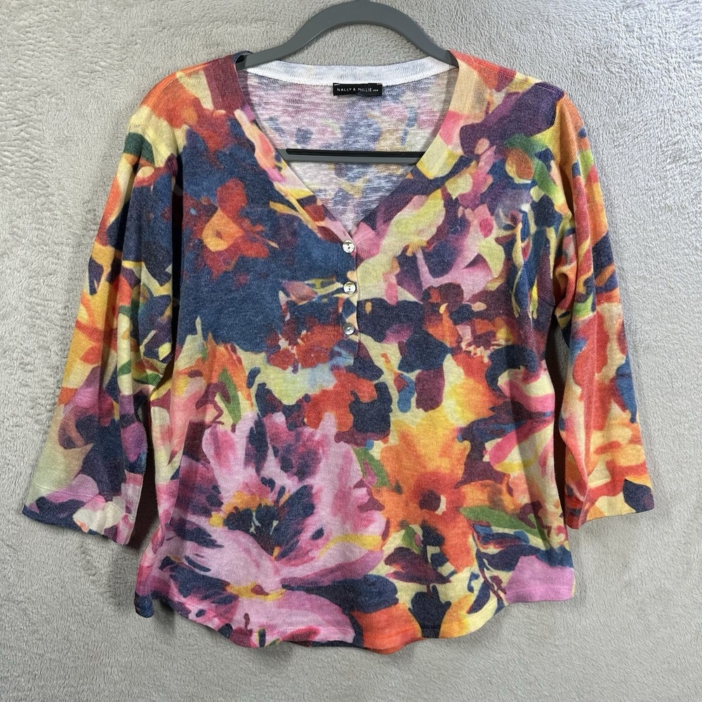 Nally & Millie Made in USA Rainbow Abstract Knit Sweater Sz MP V-Neck Henley Art